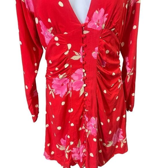 Free People Strawberry Combo Long Sleeve ruched Mini Dress Slimming‎ Preppy sz M - Picture 2 of 10